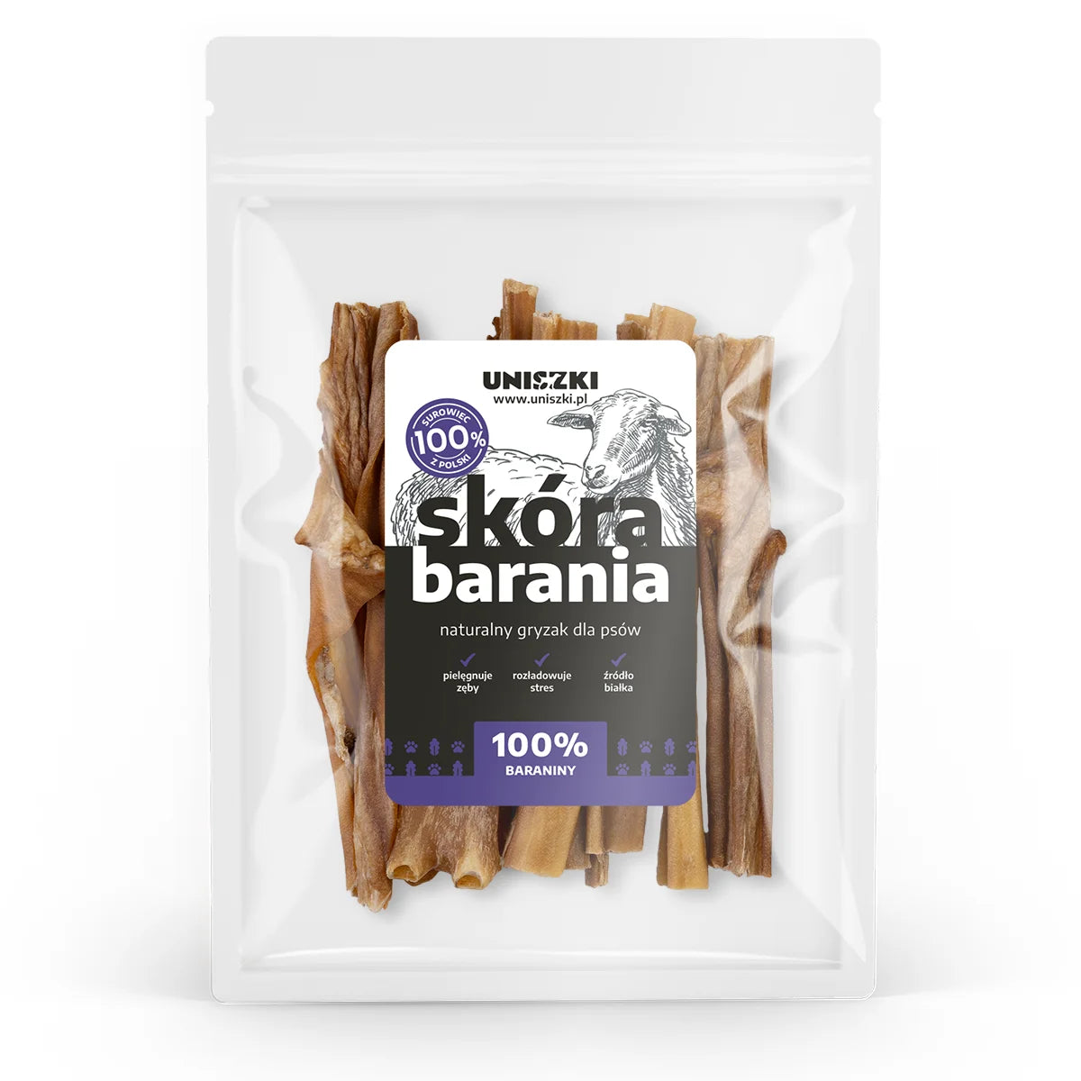 Przysmak dla psa skóra barania UNISZKI 100 g